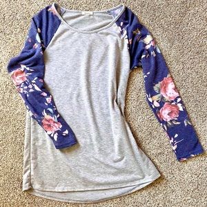Heather Gray Legging-friendly Top with Rose Floral Print Sleeves